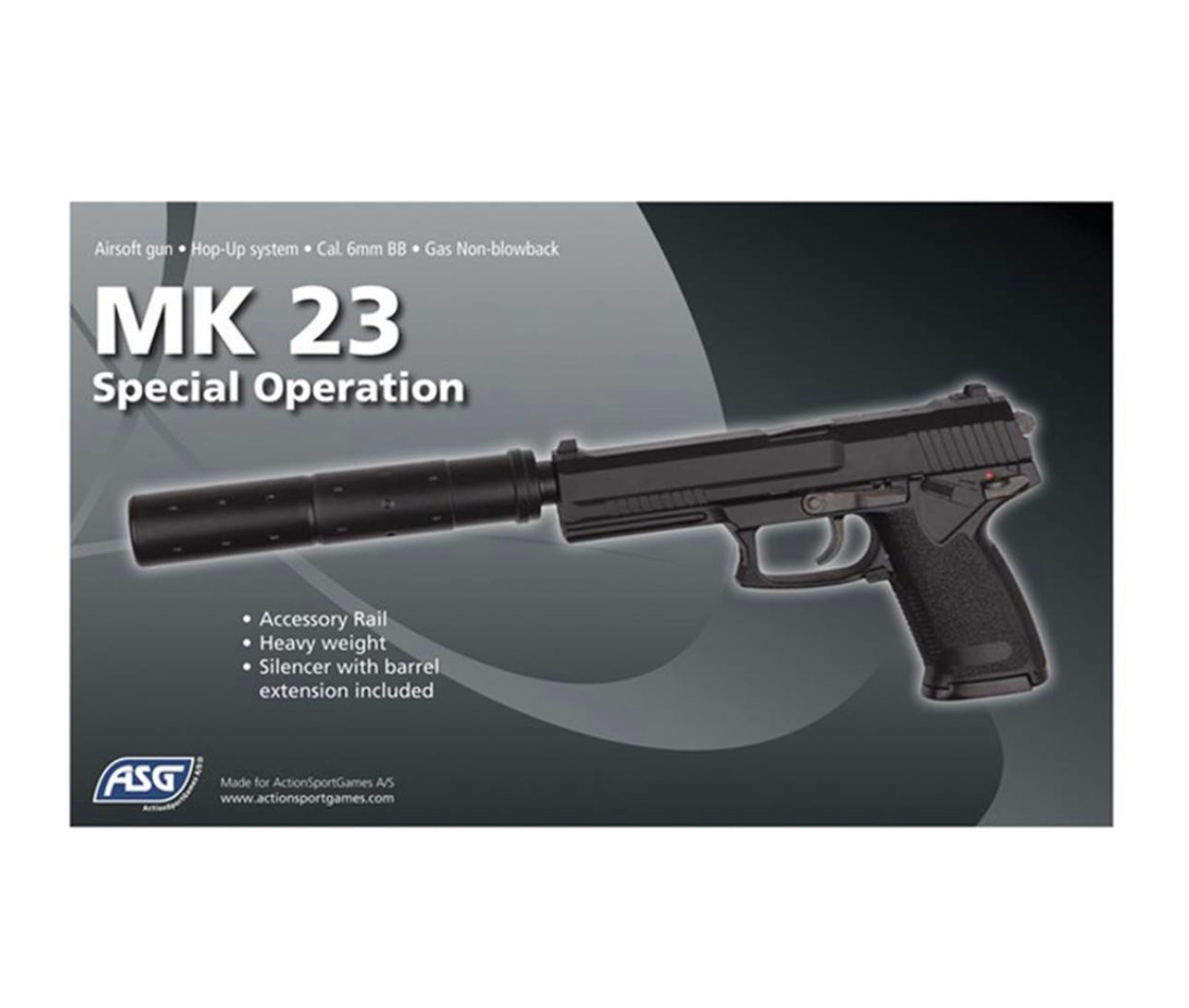 ASG MK23 Special Operation GAZ Fixe + Silencieux canon 0.7J